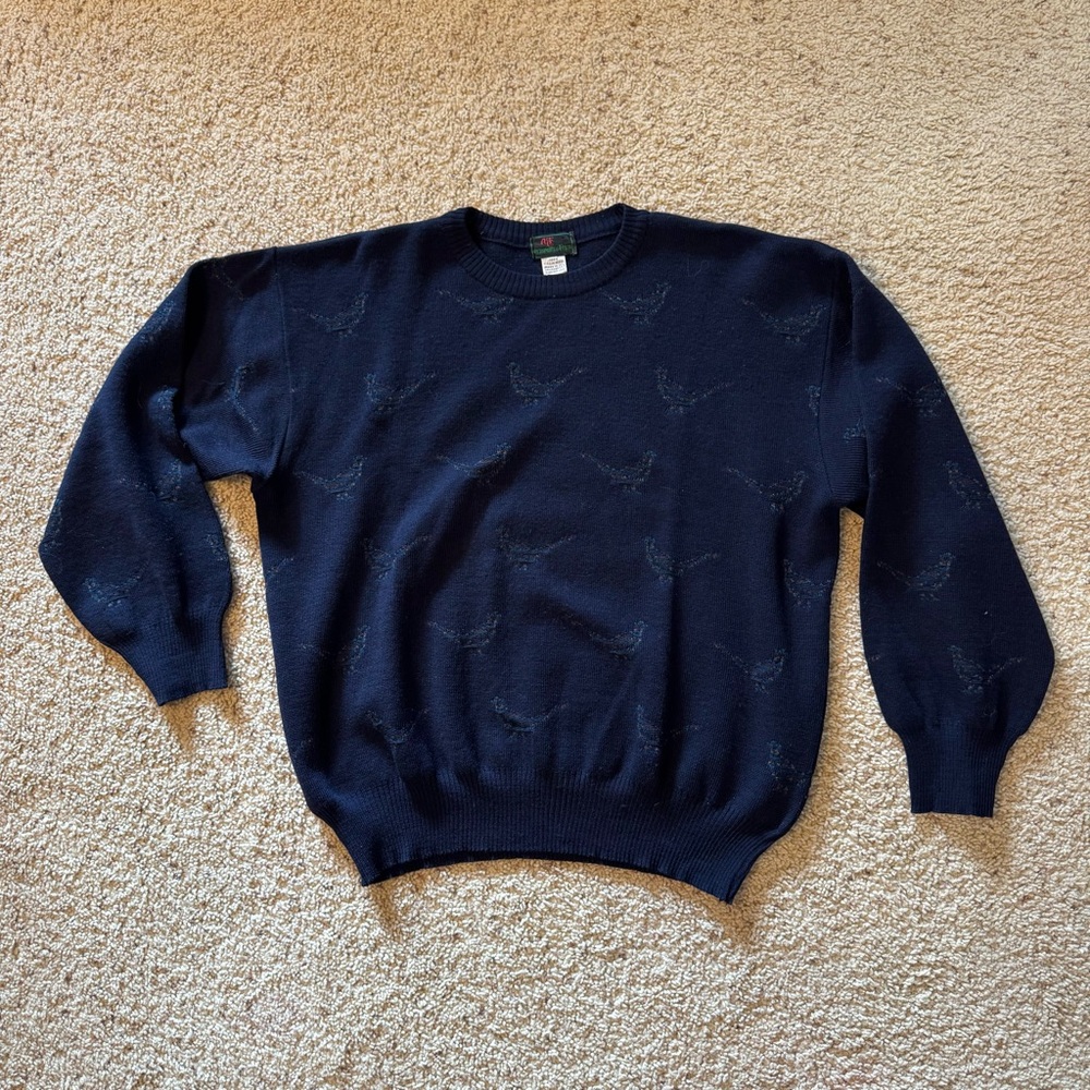 Vintage 1980s Abercrombie & Fitch Men's Navy Birds Crewneck Sweater 100% Wool